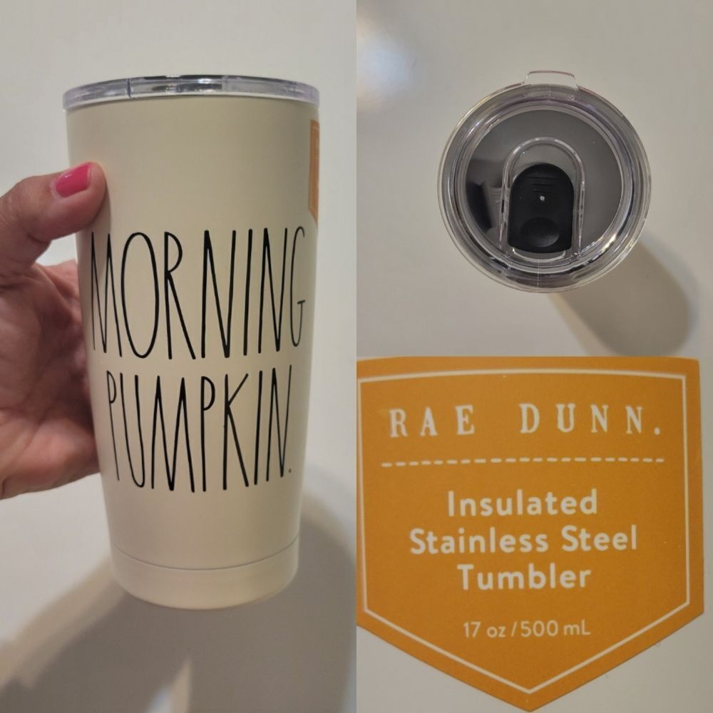 NEW 17OZ STAINLESS STEEL SLIDE LID MORNING PUMPKIN RAE DUN INSULATED TUMBLER NWT